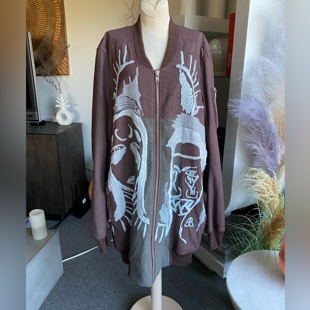 RARE Rick Owens Faun Embroidered Native American Bomber Long Jacket Coat Hun